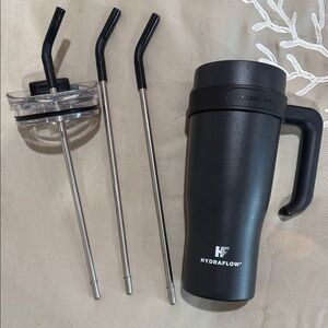 HydraFlow Black Insulated Travel Mug with Straw Lid and Metal Straws